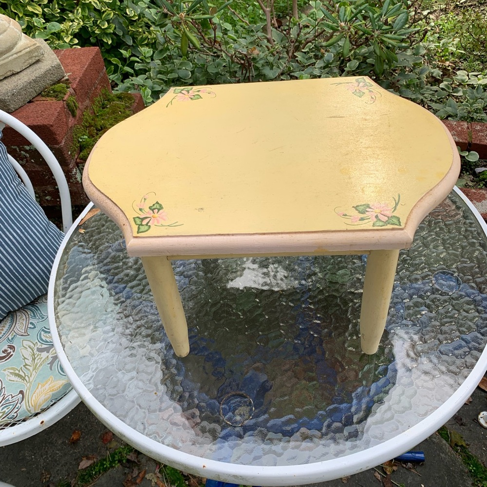 Vintage Doll’s Yellow Wooden Table with Floral Accents